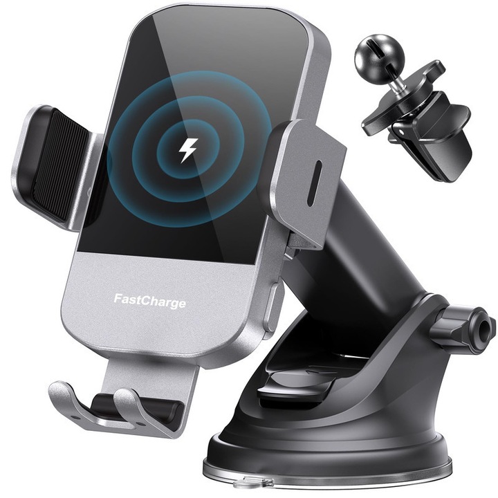 Incarcator auto wireless, 15W cu incarcare rapida, prindere automata, suport pentru telefon, compatibil cu iPhone/Samsung Galaxy