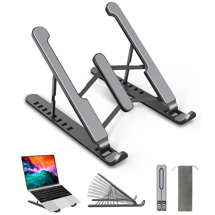 Laptopállvány, 8 állítható szögben, ergonomikus kialakítás, hordozható, 260x60x20 mm, 15,6 hüvelyk alatti laptopokkal kompatibilis