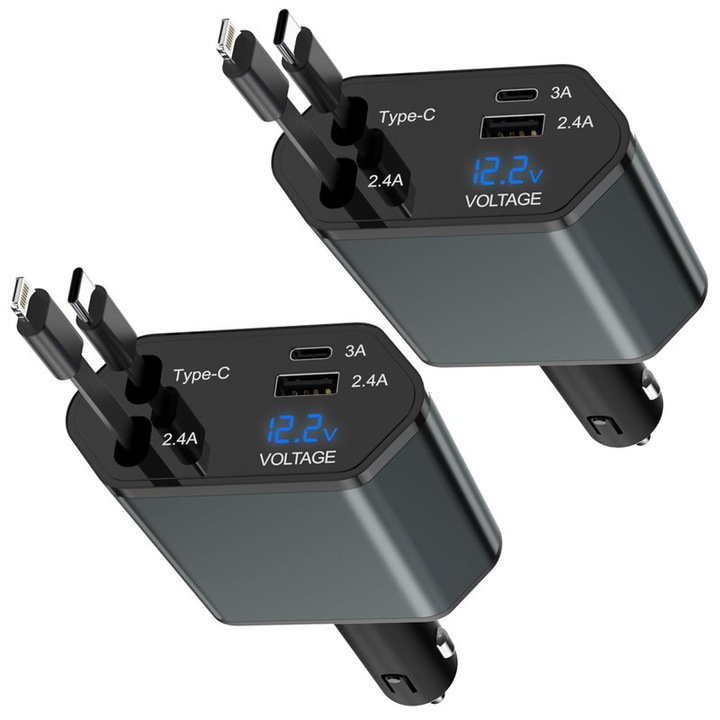 Behúzható autós töltő 66W, 2 db-os készlet, 4 port, iPhone és Android kompatibilis, 180°-ban forgatható, USB-C kábellel