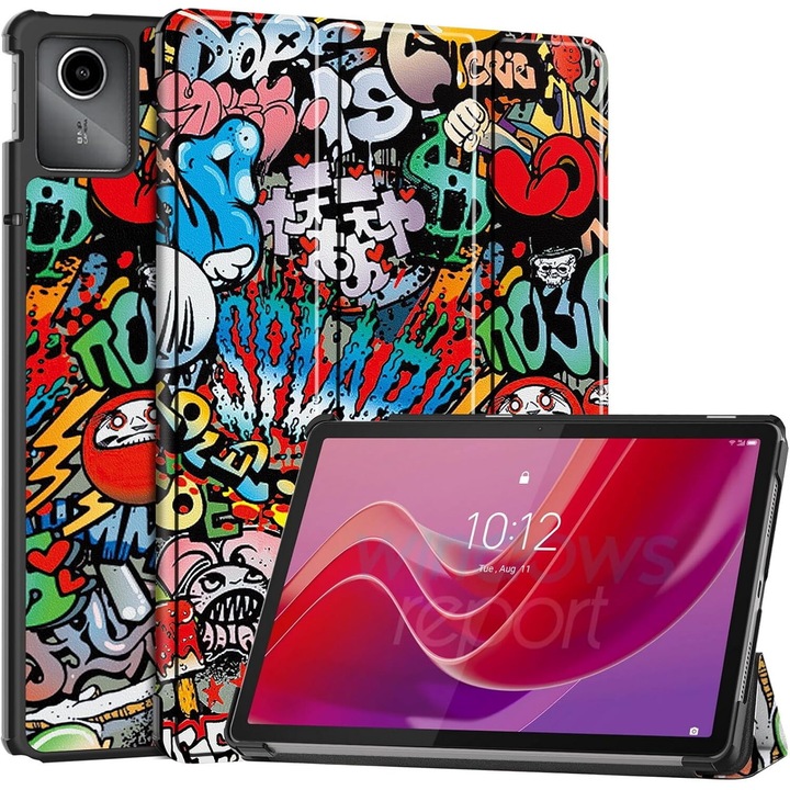 Lenovo Tab M11 tablet tok, PU bőr, Folio Slim állvány, háromrészes kemény tok, amely védi a tabletet, alvás/ébresztés funkció, graffiti