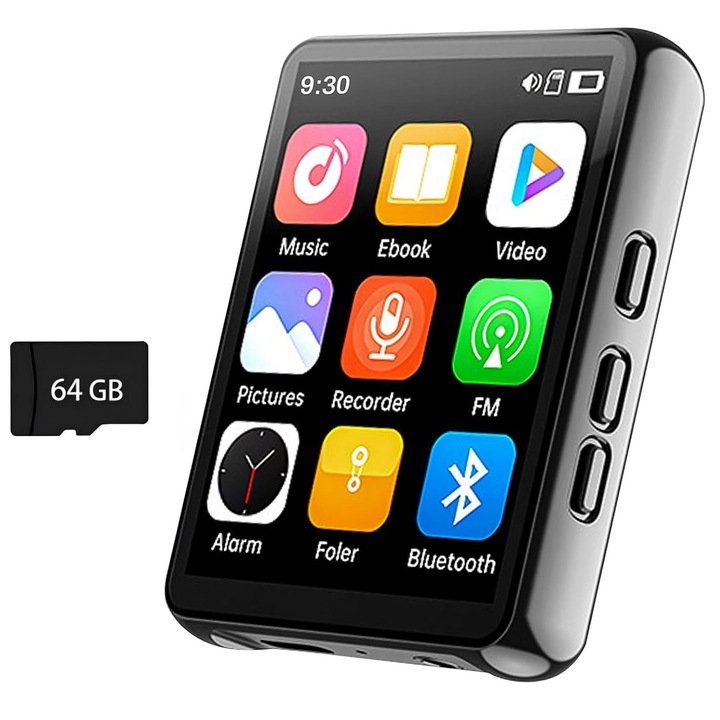 Player MP3 Bluetooth, 32GB, Ecran de 2.4 inci, Ecran tactil complet, Calitate sunet Hi-Fi fara pierderi, Radio FM, Citire e-book, Inregistrabil, Orber, Negru
