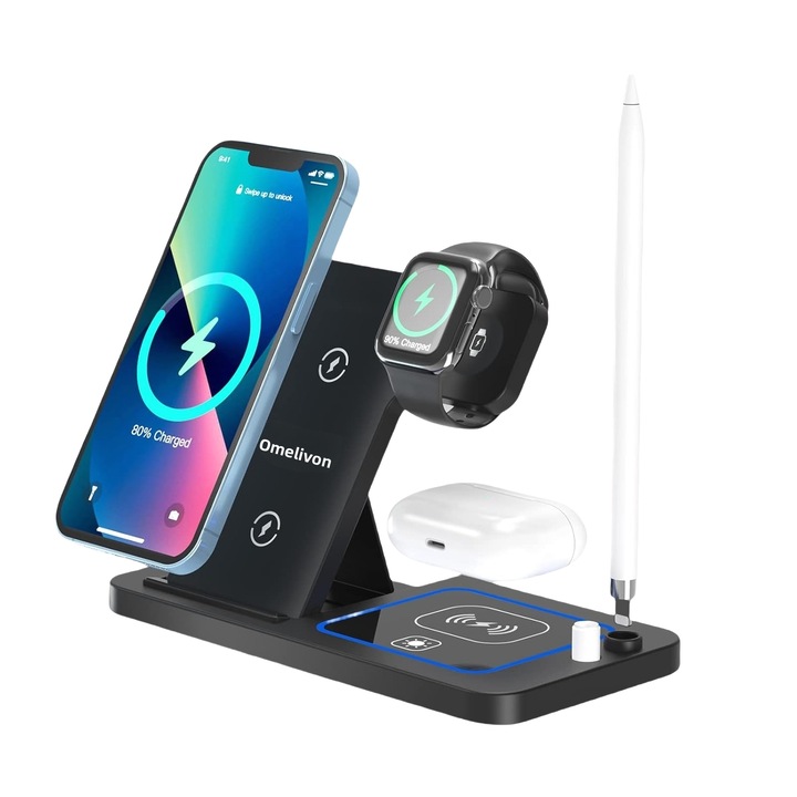 Безжично зарядно устройство 4 в 1, Omelivon®, 15W бързо зарядно, съвместимо с Apple Watch, всички Airpods PRO и iPhone серии, Android, Samsung, Huawei, Xiaomi, черно