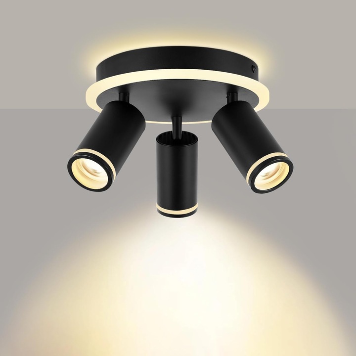 Spot LED 56W, 3 capete orientabile, aplicat pe tavan / perete, culoare corp negru, diametru 25CM, lumina calda/neutra/rece