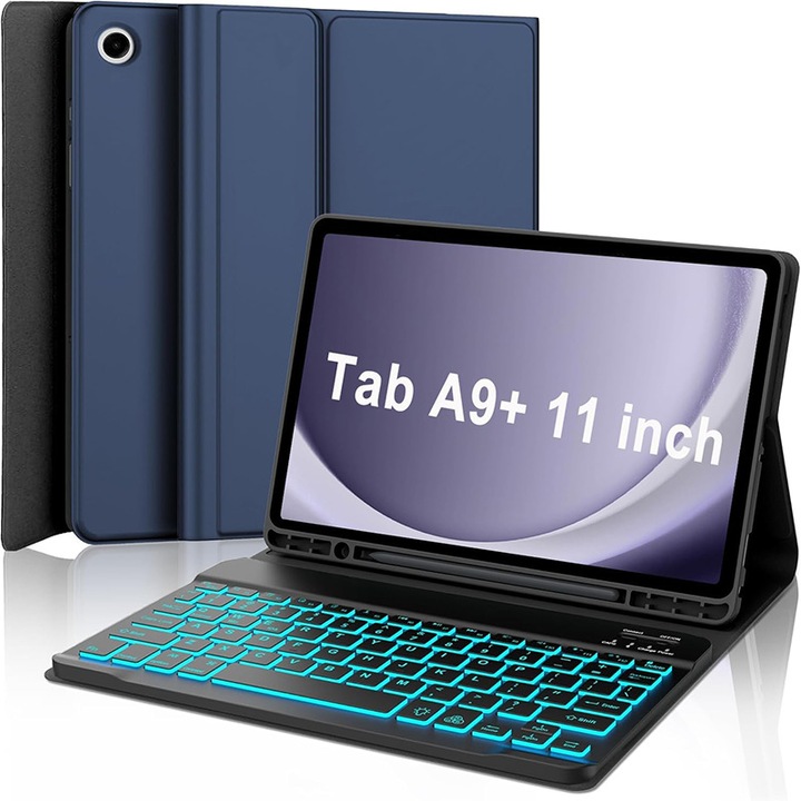 Tastatura pentru tableta pentru Samsung Galaxy Tab A9 Plus 11-inch (SM-X210/X215/X216/X218) Carcasa pentru tastatura wireless detasabila, 7 culori cu iluminare din spate, carcasa magnetica pentru tastatura USB-C cu slot pentru stilou, albastru
