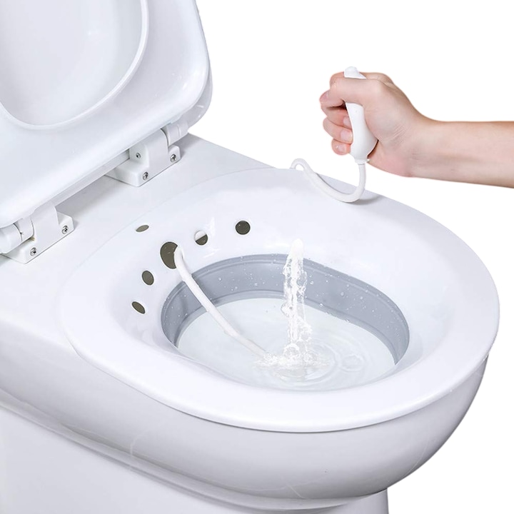 Vas Sitz Bath Pliabil, Bedee, Sitz Bath Lighean pentru Wc, cu Irigator Reglabi, pentru tratamentul hemoroizilor, ingrijire postpartum si igiena locala, Gri