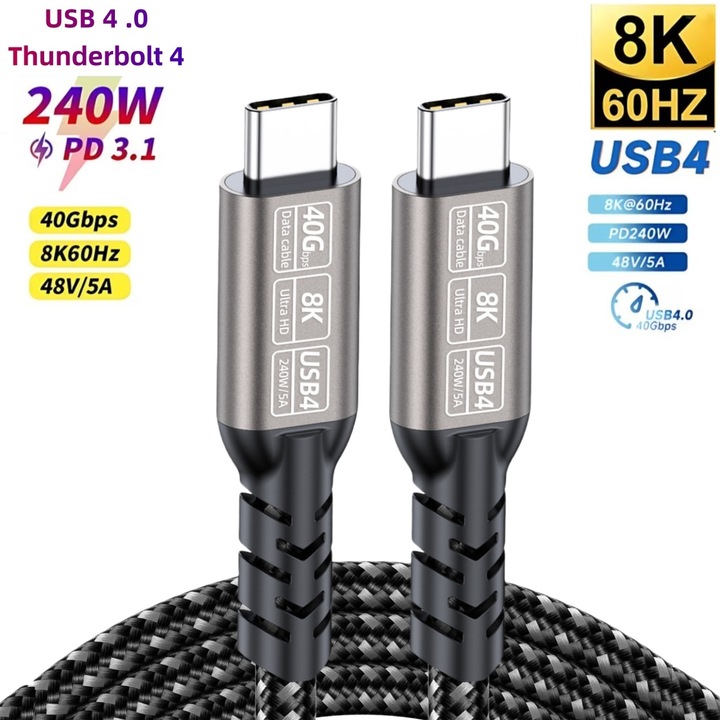 Кабел Sugxia® USB4, USB-C, 40Gbps, 240W PD3.1, 5A, 8K 60Hz видео, найлоново оплетен кабел, съвместим с Thunderbolt 3/4 – iPhone 16, MacBook, SSD, лаптоп, монитор, докинг станция, 1 м