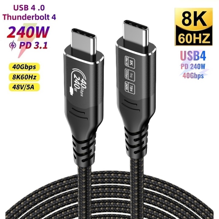 Sugxia USB4 kábel, USB-C, 40Gbps, 240W PD3.1, 5A, 8K 60Hz videó, nejlon fonott kábel, Thunderbolt 3/4 kompatibilis – iPhone 16, MacBook, SSD, laptop, monitor, dokkoló, 1m, fekete-arany