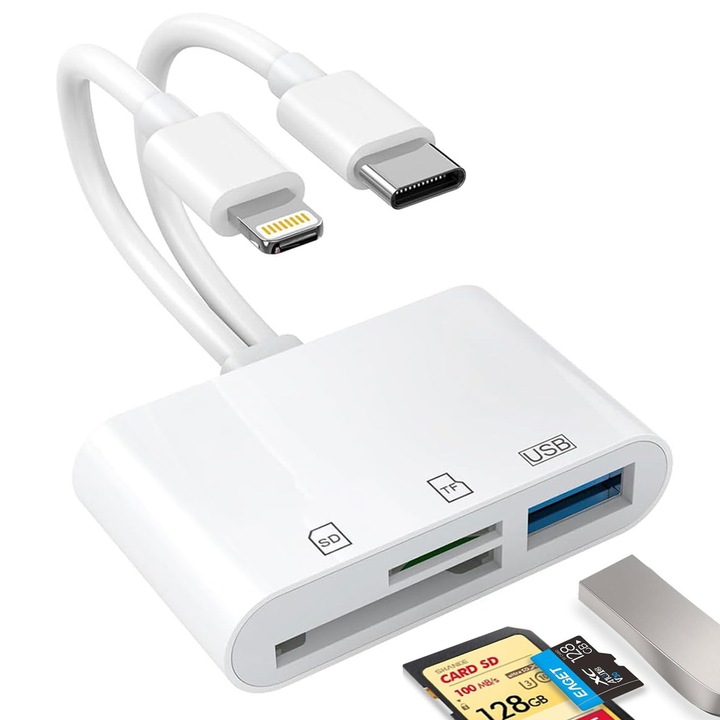 Kártyaolvasó, BYONDSELF®, USB C/Lightning, SD/TF/USB, Kétirányú átvitel, Többszörös kompatibilitás, Fehér