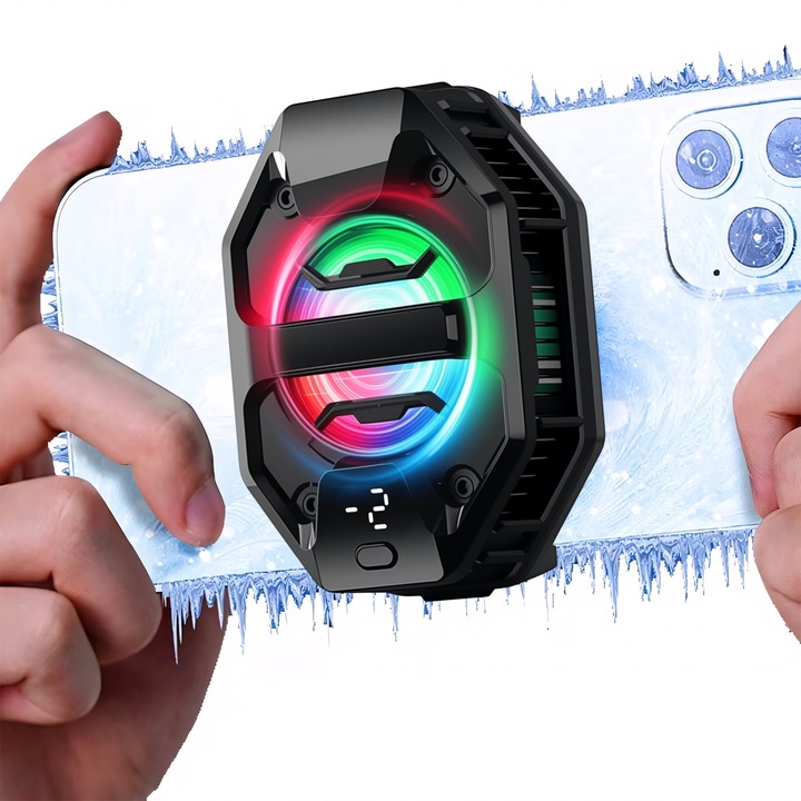 Cooler Telefon, BYONDSELF®, 27W, Reglare cu 3 Viteze, Lumini RGB, cu Clema Telescopica, Silentios, Negru