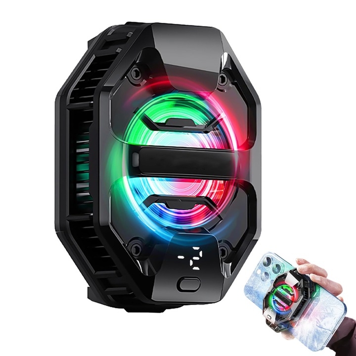 Охладител за телефон, BYONDSELF®, 27W, 3-степенно регулиране, RGB светлини, с телескопична скоба, безшумен, черен