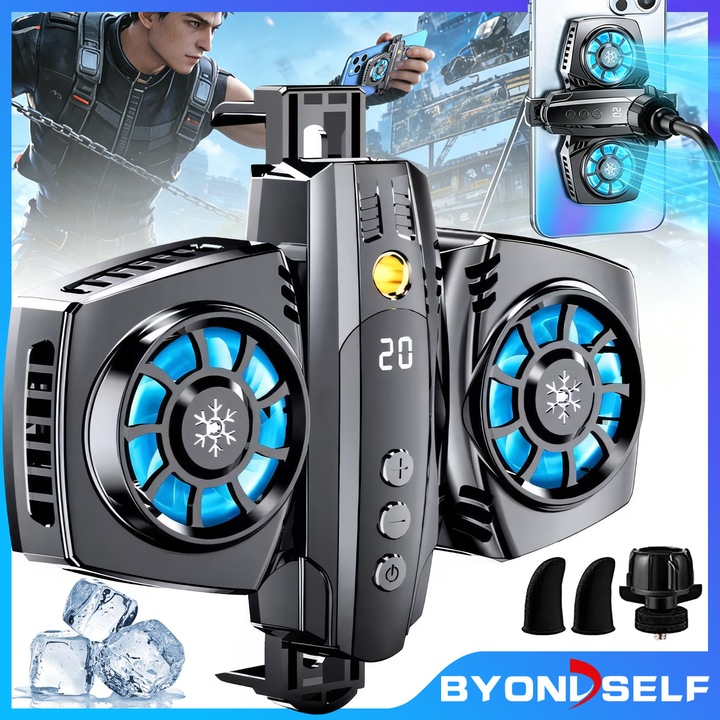 Cooler Telefon, BYONDSELF®, Ventilatoare Duble, cu Manson pentru Degetele de Joc, Lumini RGB, Racire Rapida si Zgomot Redus, Reglarea Temperaturii