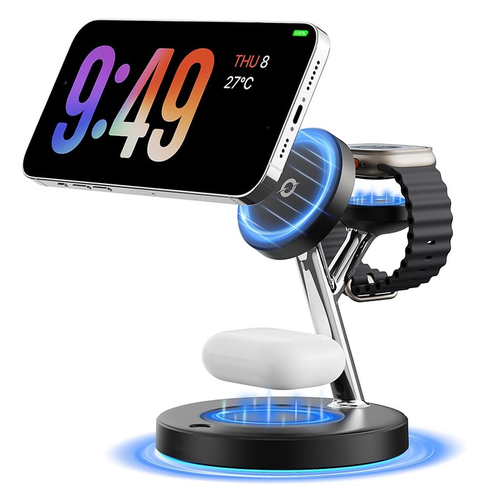 Incarcator Wireless, Magnetic, BYONDSELF®, 3 In 1, 15W, Compatibil cu iPhone 16, 15, 14, 13, 12, AirPods, Seria IWatch, Negru