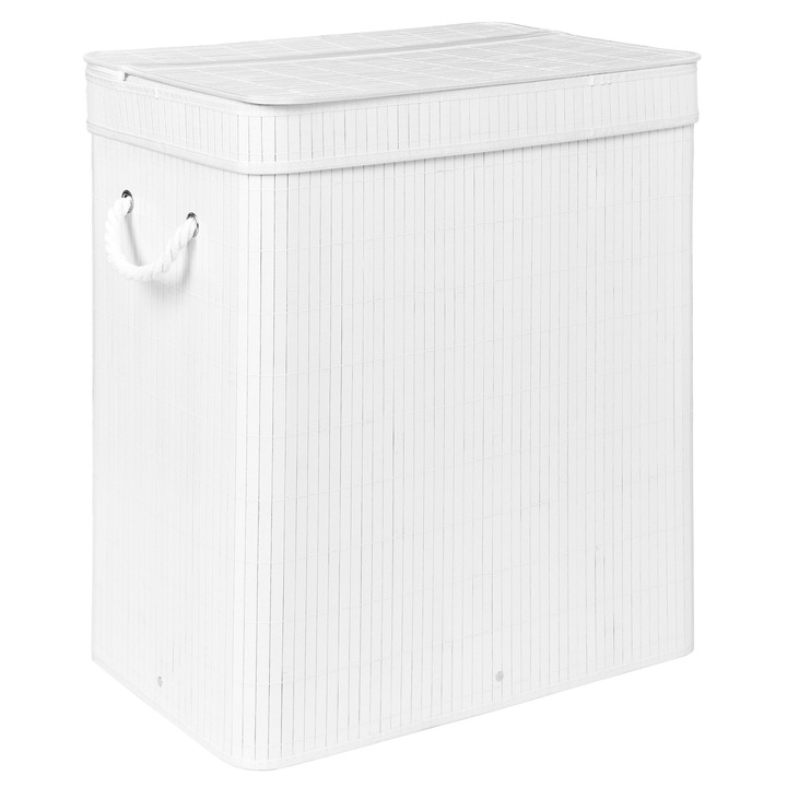 Cos pentru rufe cu capac, Bambus, Compartimentat, 100 l, Alb