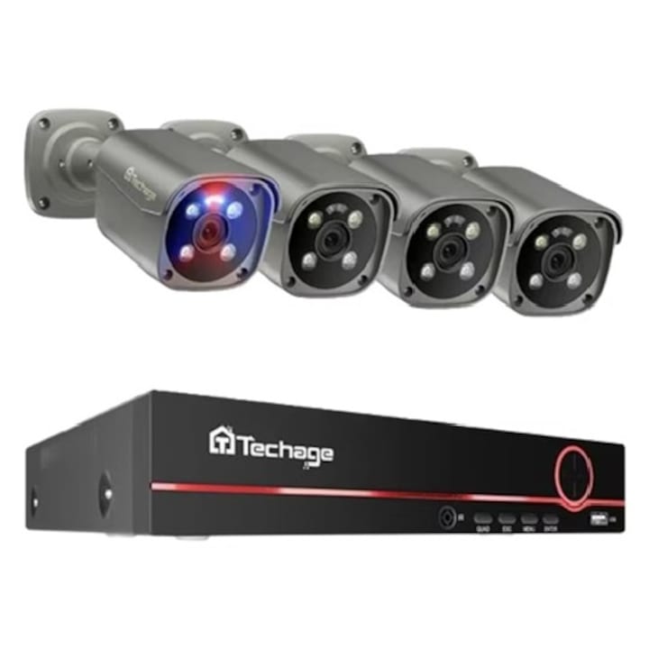 Sistem supraveghere, 4 camere rotative, 8 canale, 5mpx, hdd 2t, poe, 2.7k, 2 cai audio, urmarire automata, alb