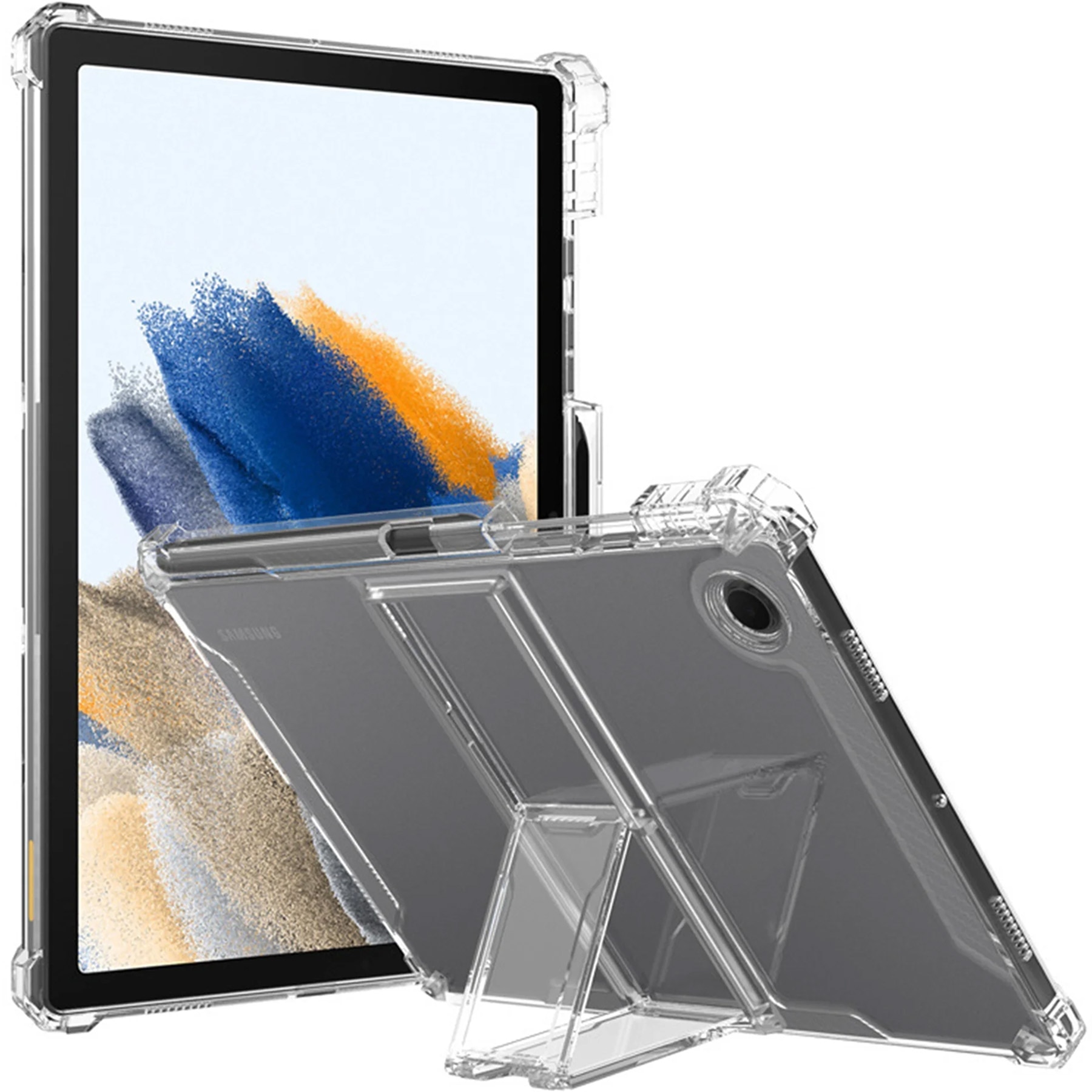 Husa de protectie telefonultau® pentru Samsung Galaxy Tab A9 Plus 11", silicon transparent antishock cu colturi intarite, suport integrat pentru tableta si stylus, rezistenta la socuri, ideala pentru filme, jocuri, lectii online si birou, transparenta