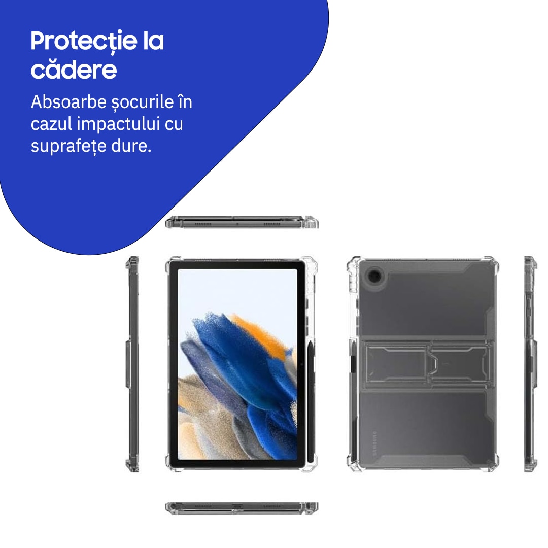 Husa de protectie telefonultau® pentru Samsung Galaxy Tab A9 Plus 11", silicon transparent antishock cu colturi intarite, suport integrat pentru tableta si stylus, rezistenta la socuri, ideala pentru filme, jocuri, lectii online si birou, transparenta