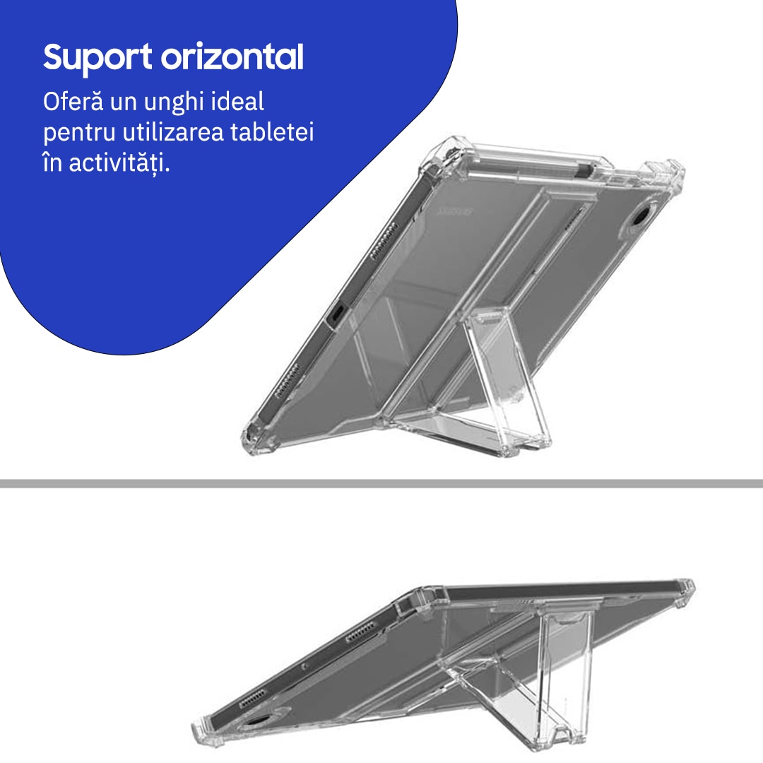 Husa de protectie telefonultau® pentru Samsung Galaxy Tab A9 Plus 11", silicon transparent antishock cu colturi intarite, suport integrat pentru tableta si stylus, rezistenta la socuri, ideala pentru filme, jocuri, lectii online si birou, transparenta