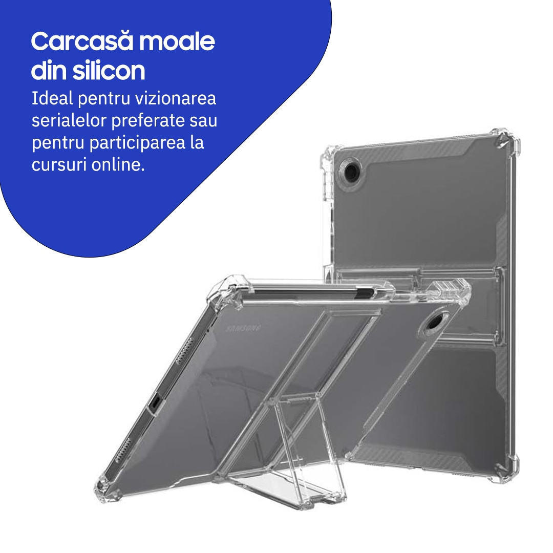 Husa de protectie telefonultau® pentru Samsung Galaxy Tab A9 Plus 11", silicon transparent antishock cu colturi intarite, suport integrat pentru tableta si stylus, rezistenta la socuri, ideala pentru filme, jocuri, lectii online si birou, transparenta