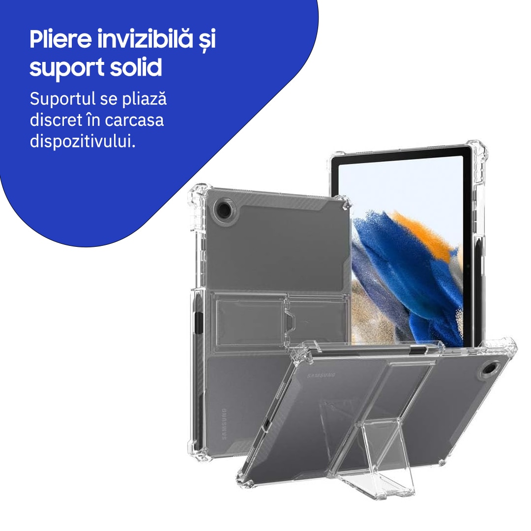 Husa de protectie telefonultau® pentru Samsung Galaxy Tab A9 Plus 11", silicon transparent antishock cu colturi intarite, suport integrat pentru tableta si stylus, rezistenta la socuri, ideala pentru filme, jocuri, lectii online si birou, transparenta
