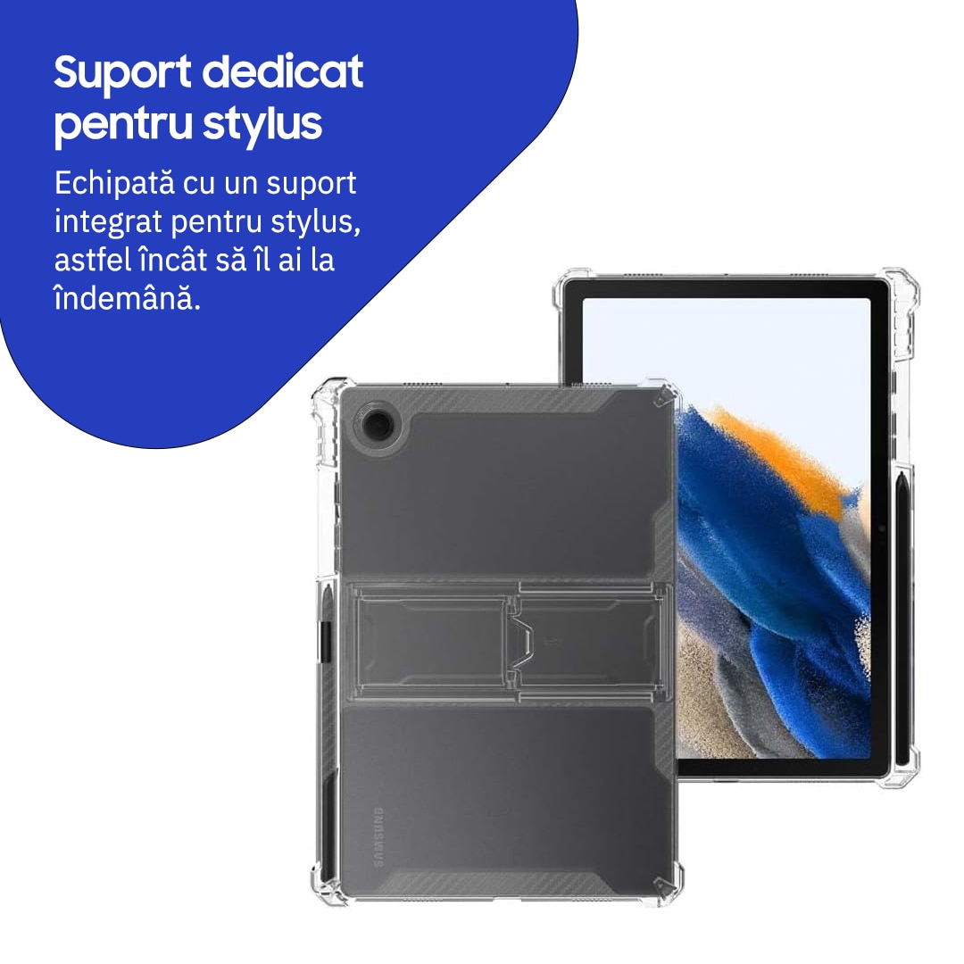 Husa de protectie telefonultau® pentru Samsung Galaxy Tab A9 Plus 11", silicon transparent antishock cu colturi intarite, suport integrat pentru tableta si stylus, rezistenta la socuri, ideala pentru filme, jocuri, lectii online si birou, transparenta
