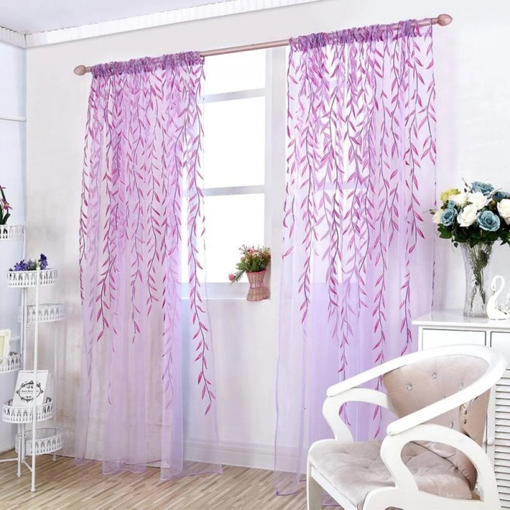 Set perdele transparente cu imprimeu floral, Fokelyi, 1M x 2M, violet, pentru dormitor si living