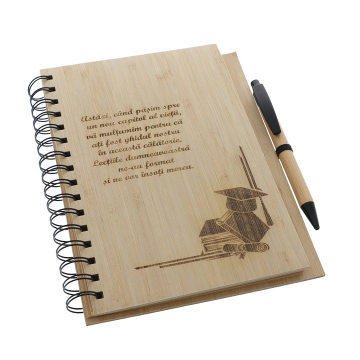 Cadou profesori agenda bambus personalizata cu pix