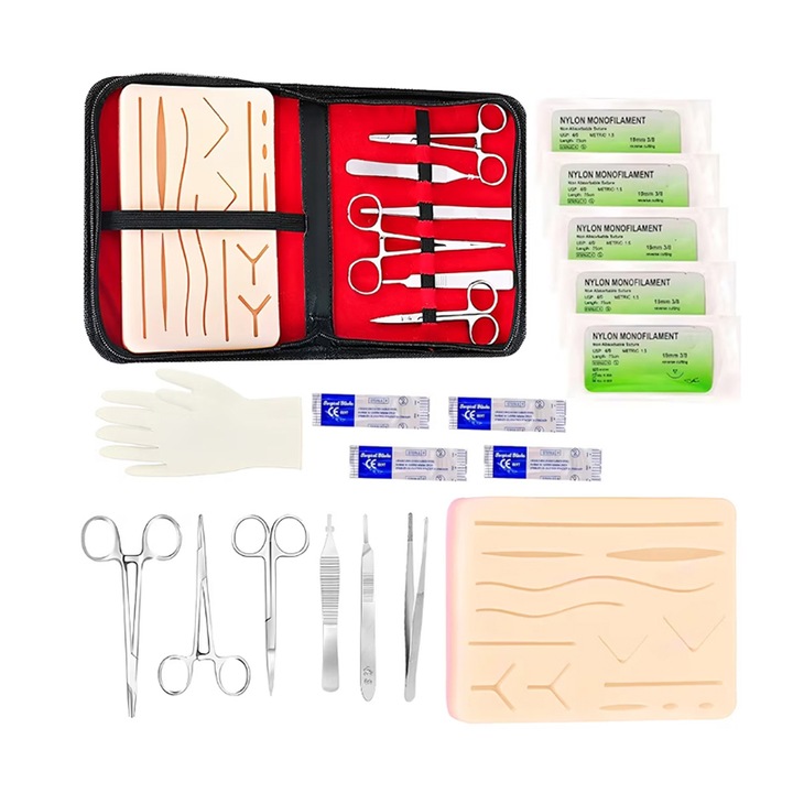 Set 19 Kit de antrenament pentru sutura chirurgicala, Rqiurpn, 6 Instrumente Chirurgicale, Covoras din Silicon, Multicolor, Portabil