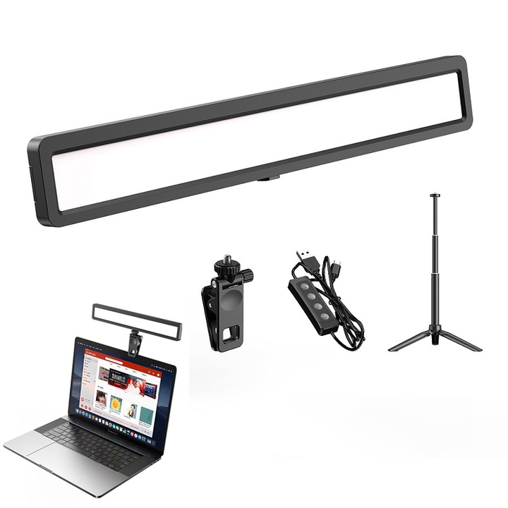 Lampa Portabila, Selfie Light cu Leduri in forma de panglica patrata, Iluminare pentru videoconferinte live, Alimentare USB, Compacta, Negru