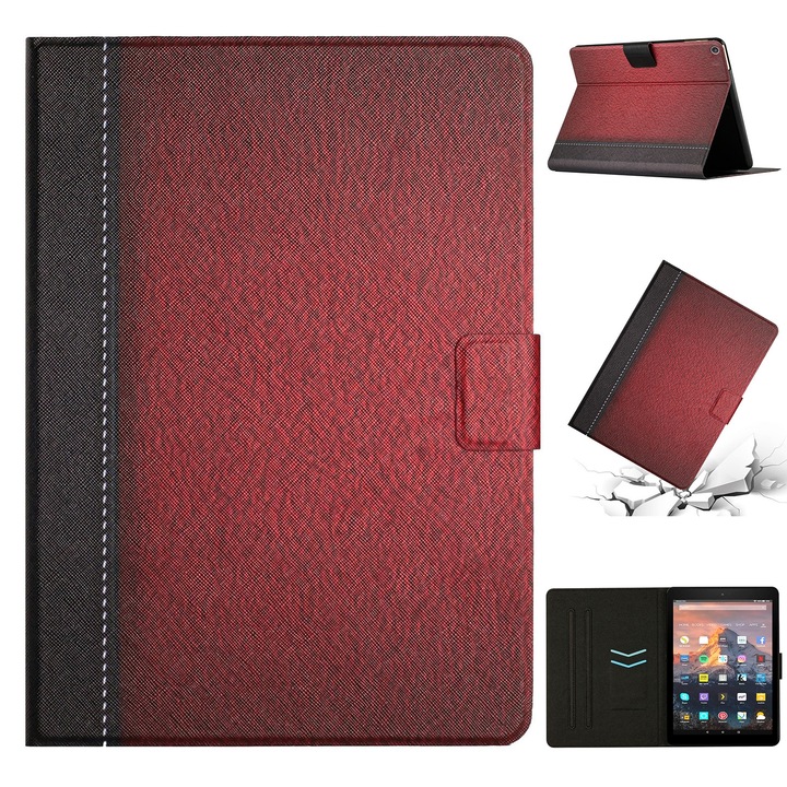 Husa tableta pentru Amazon Kindle Fire HD 8 2018/2017/2016, piele inteligenta solida cu cusaturi, rosu