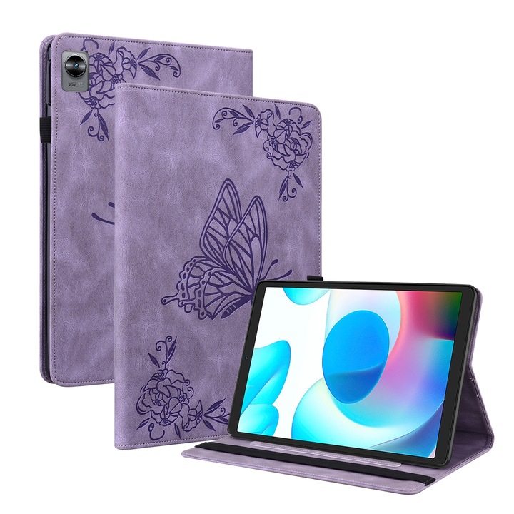 Husa tableta pentru Realme Pad Mini, piele texturata, tip carte cu flori reliefate, inchidere magnetica, acces complet la porturi, mov