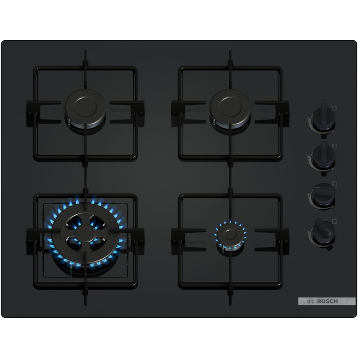 Плот за вграждане Bosch POH6B6K30, Газ, 4 котлона, Уок котлон, Стоманена скара, 60 см, Черно стъкло