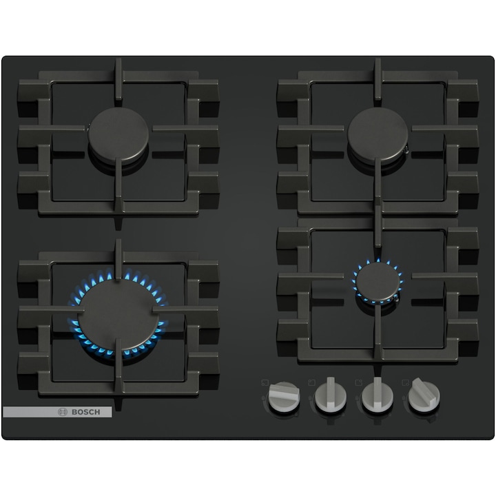 Плот за вграждане Bosch PNN6B6K40, Газ, 4 котлона, Чугунена скара, 60 см, Черно стъкло