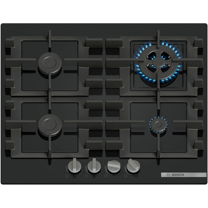 Плот за вграждане Bosch PNH6B6K40, Газ, 4 котлона, Чугунена скара, Уок котлон, 60 см, Черно стъкло
