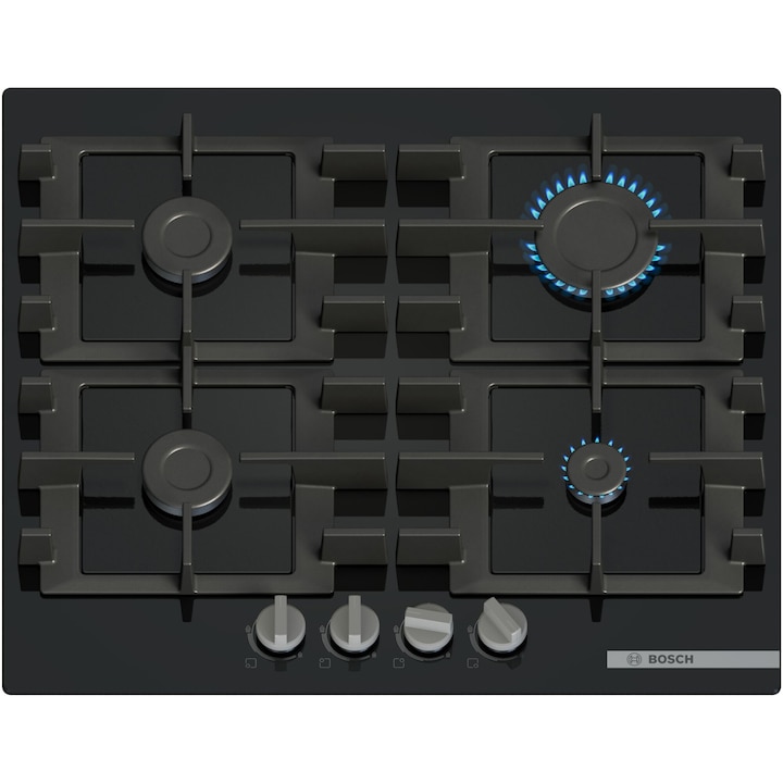 Плот за вграждане Bosch PNP6B6K40, Газ, 4 котлона, Чугунена скара, 60 см, Черно стъкло