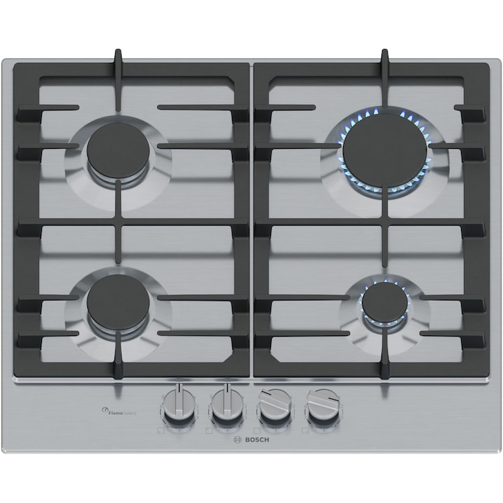 Плот за вграждане Bosch PCP6A5I90, Газ, 4 котлона,Flame select, Чугунена скара, 60 см, Неръждаема стомана