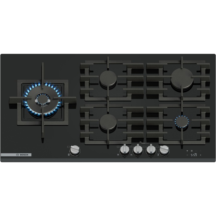 Plita incorporabila Bosch PRS9A6H40, 5 arzatoare, Flame select, Arzator Wok, Touch control & mecanic, Gratar fonta, 90 cm, Sticla neagra