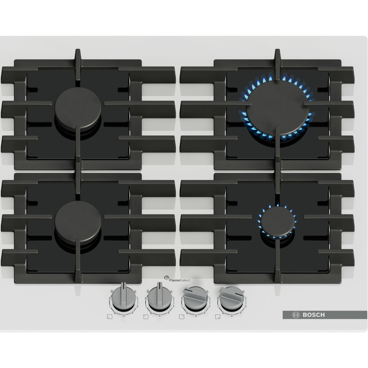 Bosch PPP6A2I40 beépített főzőlap, Gáz, 4 égős, Lángválasztó, Öntöttvas grill, 60 cm, Fehér Üveg