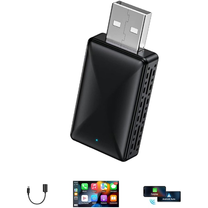 Vezeték nélküli CarPlay és Android Auto adapter, Rqiurpn, Plug and Play, Bluetooth 5.4, fekete