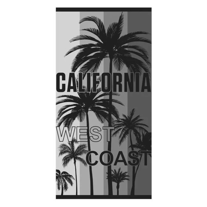 Strandtörölköző, "California West Coast" szöveg és pálmafák, pamut, 150x75cm, szürke fekete színnel