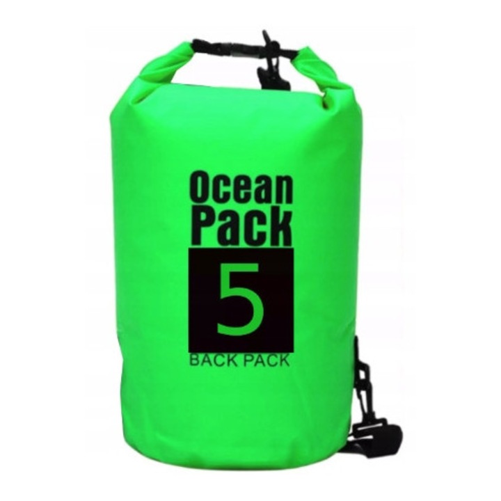 Vízálló táska, Ocean Pack, 5l, zöld, PVC anyagból, 5l űrtartalom, állítható pánttal, víz-, homok-, szennyeződés- és UV-álló