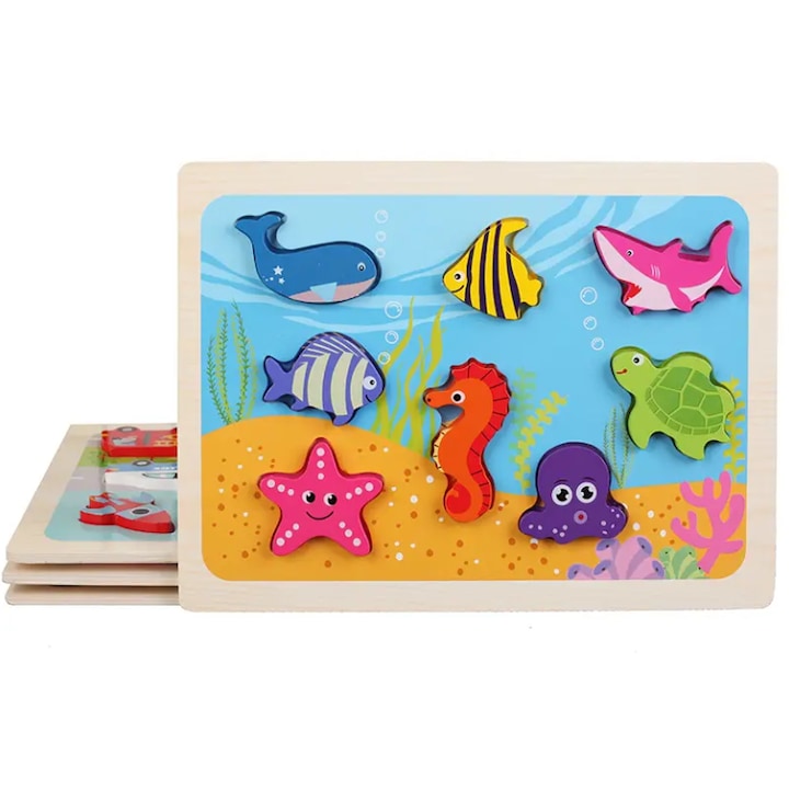 3D Монтесори пъзел играчка – колекция EduRoti and Animals, морски животни, дърво, образователен за деца 2-6 години