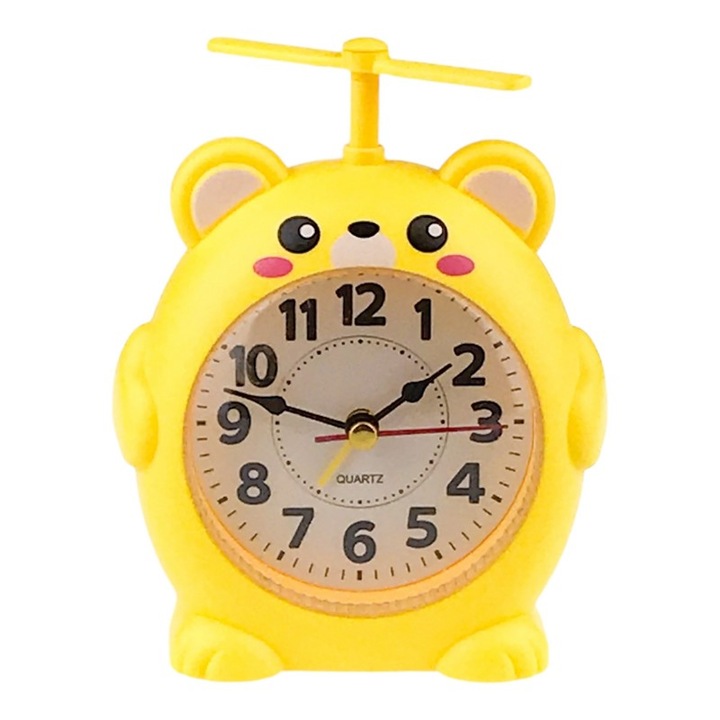 Ceas din plastic, de masa, in forma de animal, 10x14 cm galben