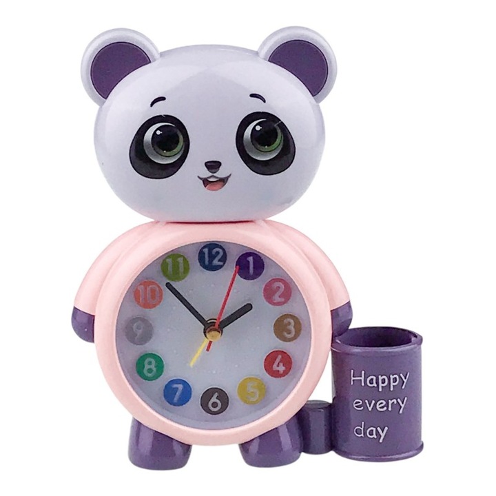 Ceas din plastic, de masa, cu cap de urs si suport pentru pix cu text "Happy Every Day", 14x17 cm, multicolor M2