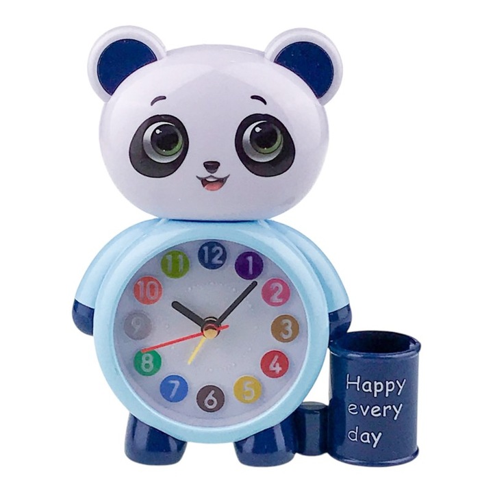 Ceas din plastic, de masa, cu cap de urs si suport pentru pix cu text "Happy Every Day", 14x17 cm, multicolor M3