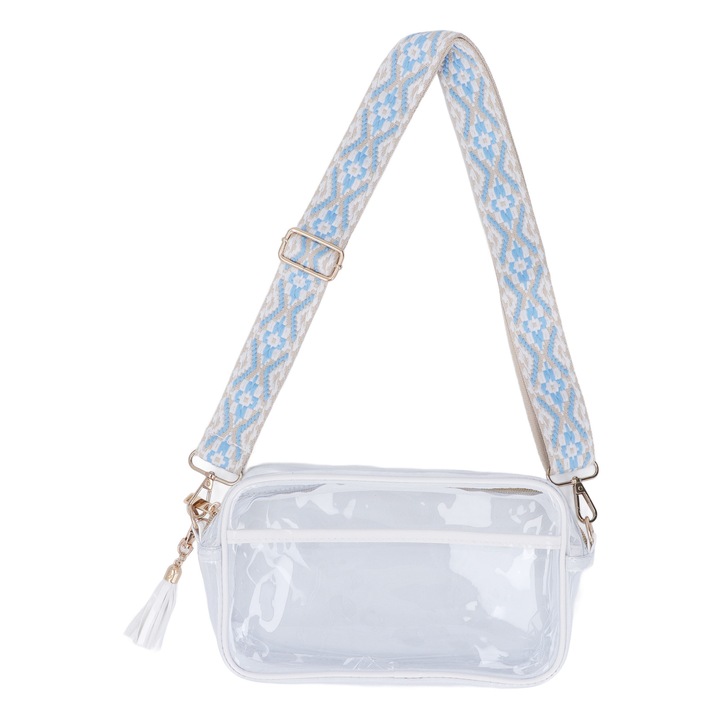 Átlátszó PVC messenger táska szett, cipzárral, könnyű, fehér, állítható pánttal.