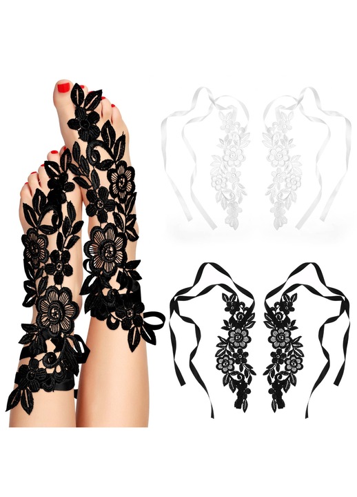 Set 2 accesorii sexy pentru picioare, TREXORA, bumbac/elastan, model floral vintage, negru/alb