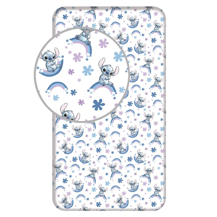 Cearsaf cu elastic Disney Lilo si Stitch, Cainele Stelar Curcubeu 90x200 cm