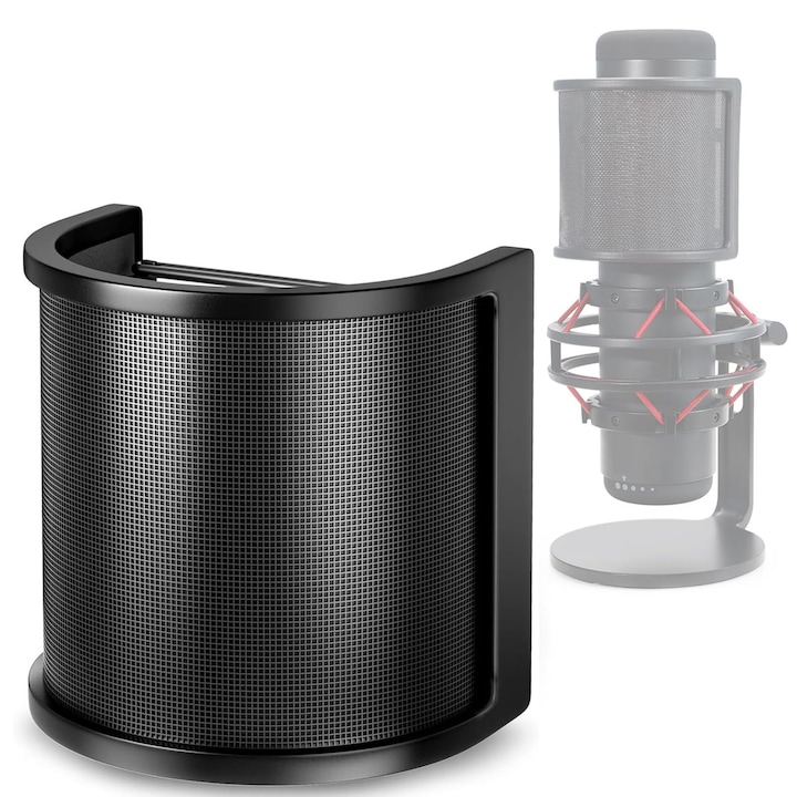 Filtru microfon, SINBINTA, Filtru Pop microfon Profesional, Trei straturi, Portabil, Usor de instalat, Mentineti curatenia, Pentru transmisiuni live, vorbire, cantare, jocuri sau voice-over-uri, Plastic/Metal, 87*80mm, Negru