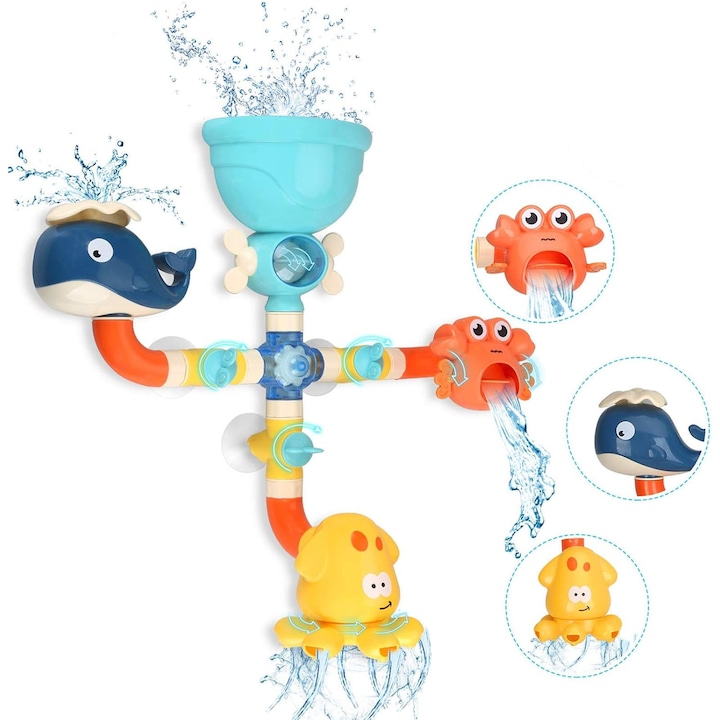 Jucarie de baie pentru copii, SINBINTA, Jucarie de baie, Cu buton de rotire si priza de apa, Prindere ventuze, Pentru copii si bebelusi, + 6 luni, Usor de curatat, Mic si portabil, Pentru cada, piscina, Plastic, 32*34cm, Multicolor