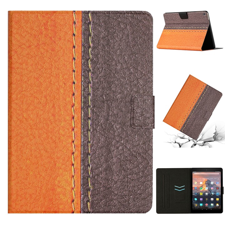 Husa tableta pentru Amazon Kindle Fire HD 8 2018/2017/2016, piele inteligenta, tip carte cu cusaturi, acces complet la porturi, portocaliu solid